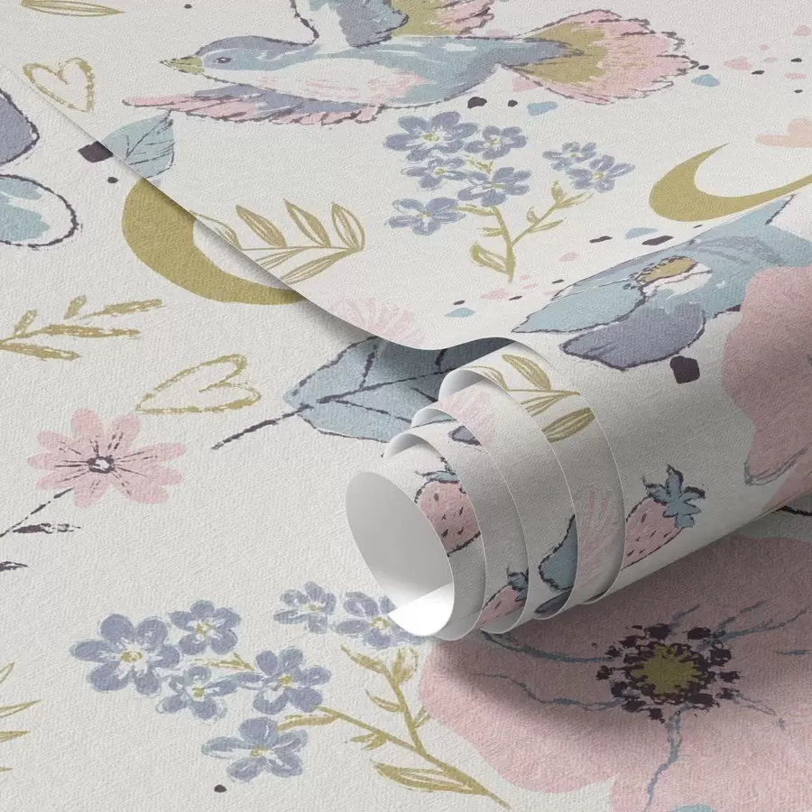 Fototapeedid Pastellvärvides linnud ja lilled koos poolkuudega valgel taustal a00721