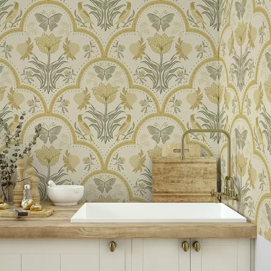 Fototapeedid Ornament tulbi, lindude ja liblikatega, okker a00722