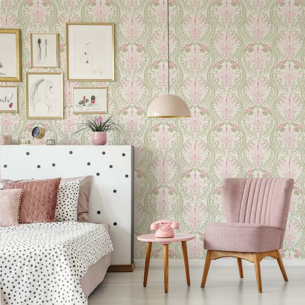 Tapeet Purskkaevud, kolibrid ja rohelised rullid heledal taustal a00723