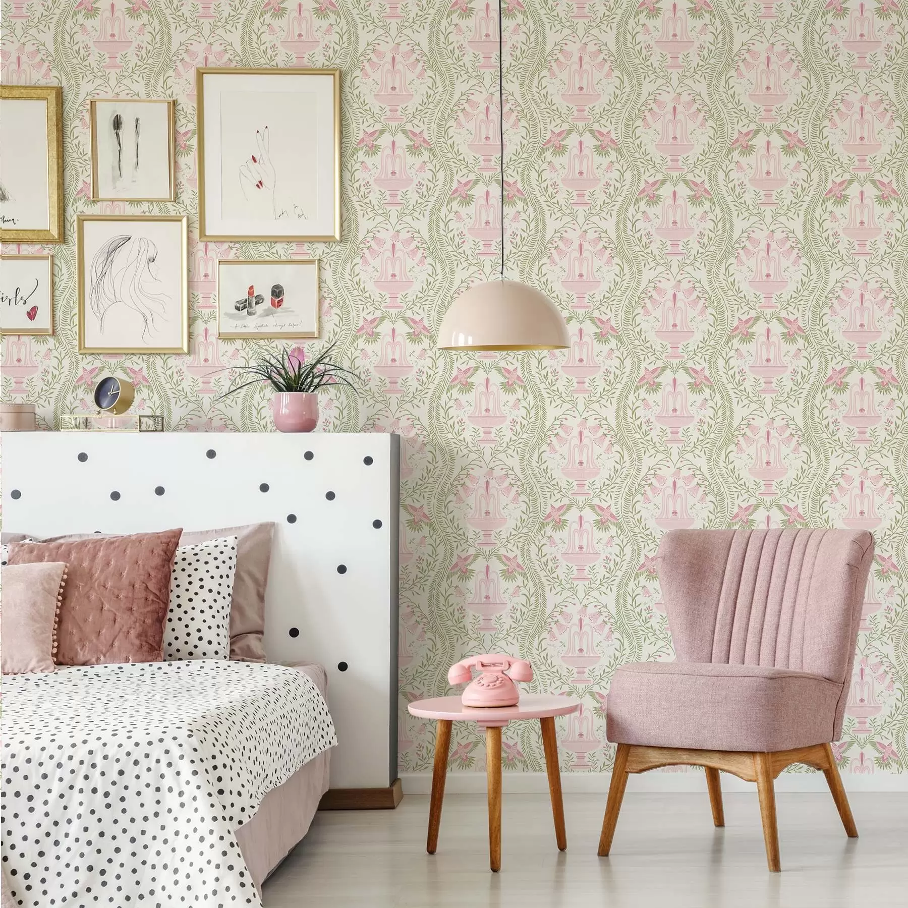 Fototapeedid Purskkaevud, kolibrid ja rohelised rullid heledal taustal a00723