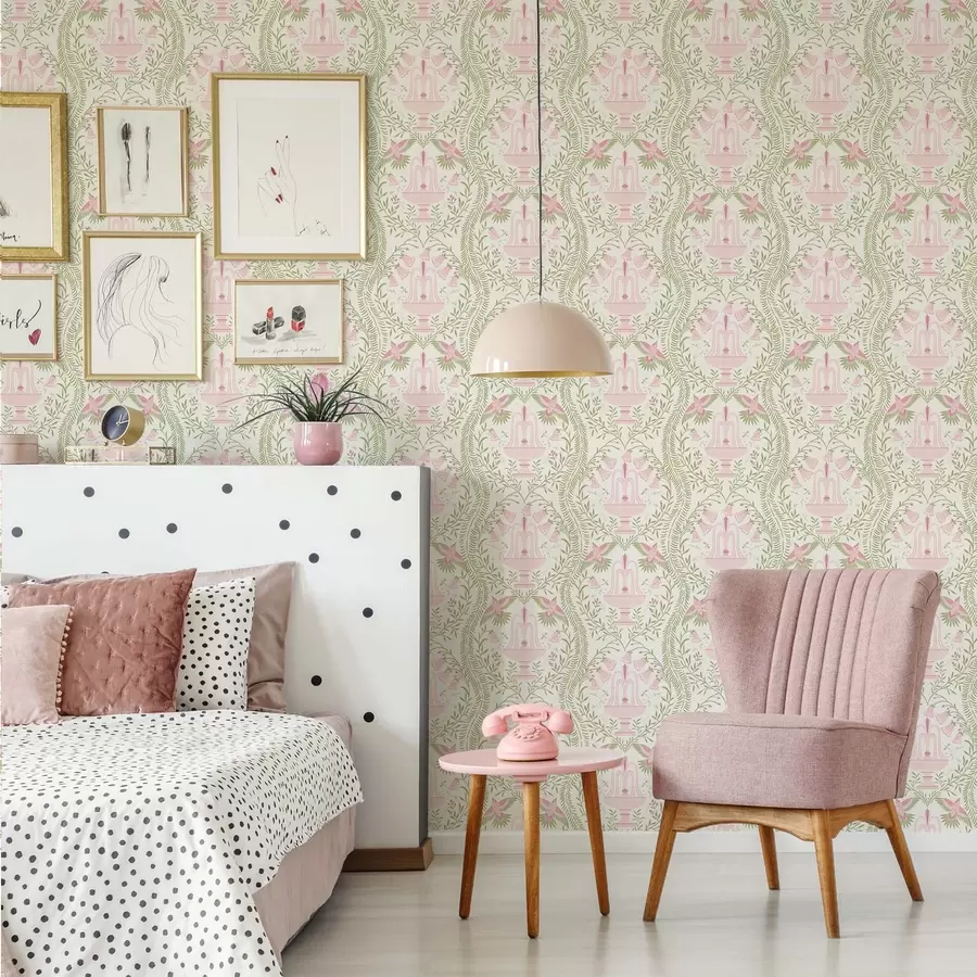 Fototapeedid Purskkaevud, kolibrid ja rohelised rullid heledal taustal a00723