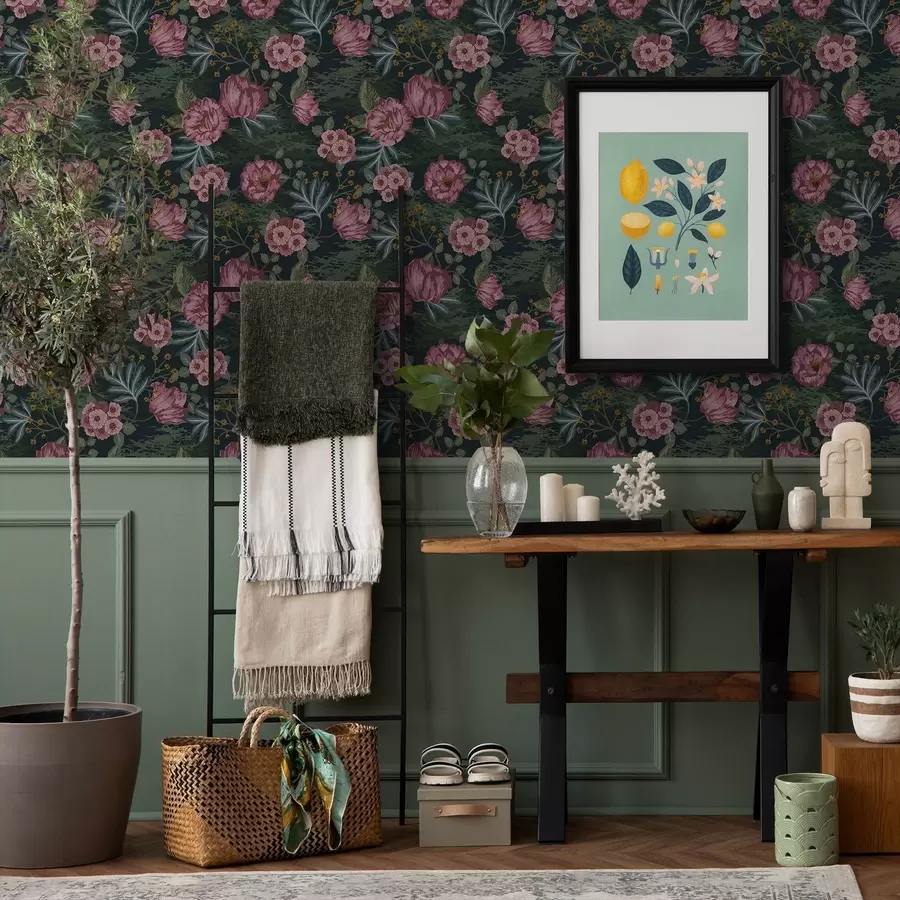 Fototapeedid Tume taimestik roosade õite ja lehtedega, sügav taust a00724