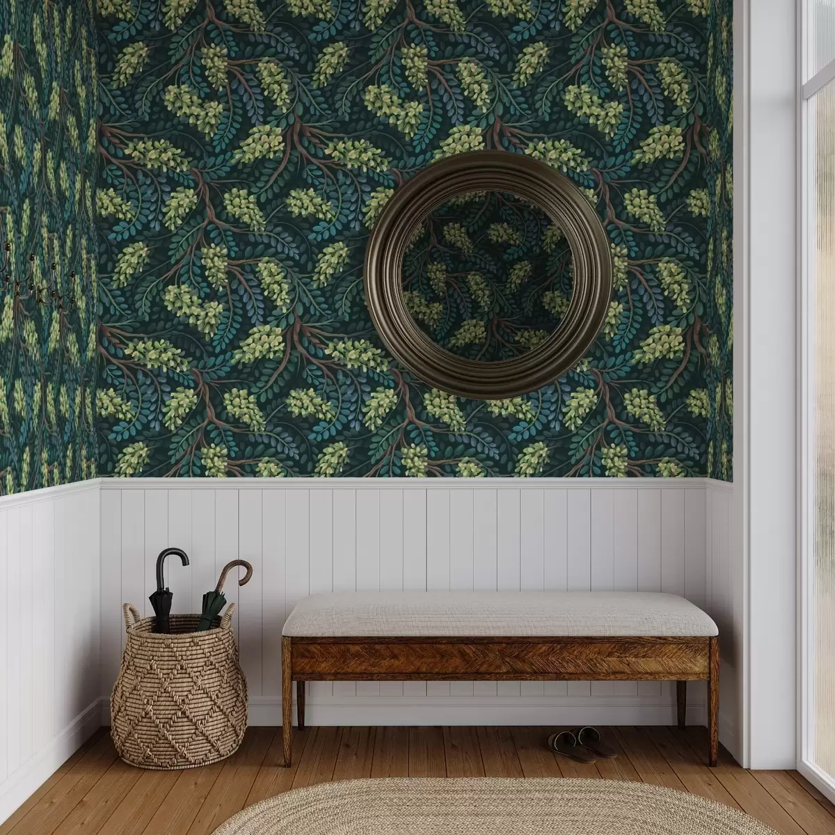 Tapeet Oksad roheliste õisikutega tumedal taustal a00786