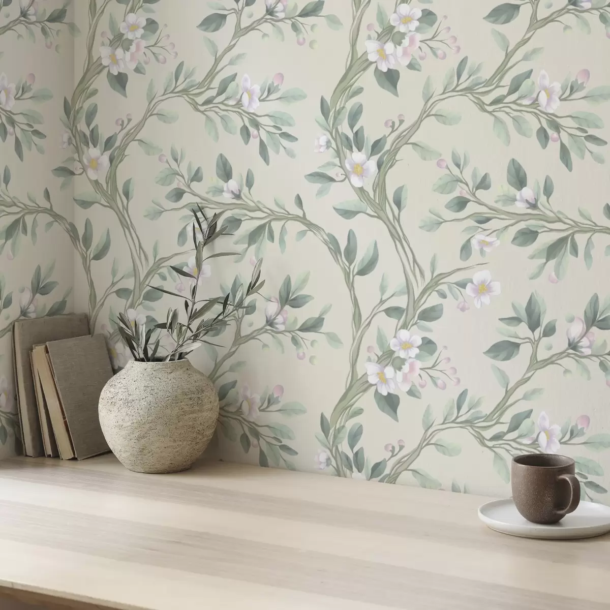 Tapeet Õrnad õitsevad oksad kreemikal taustal, pastell a00793