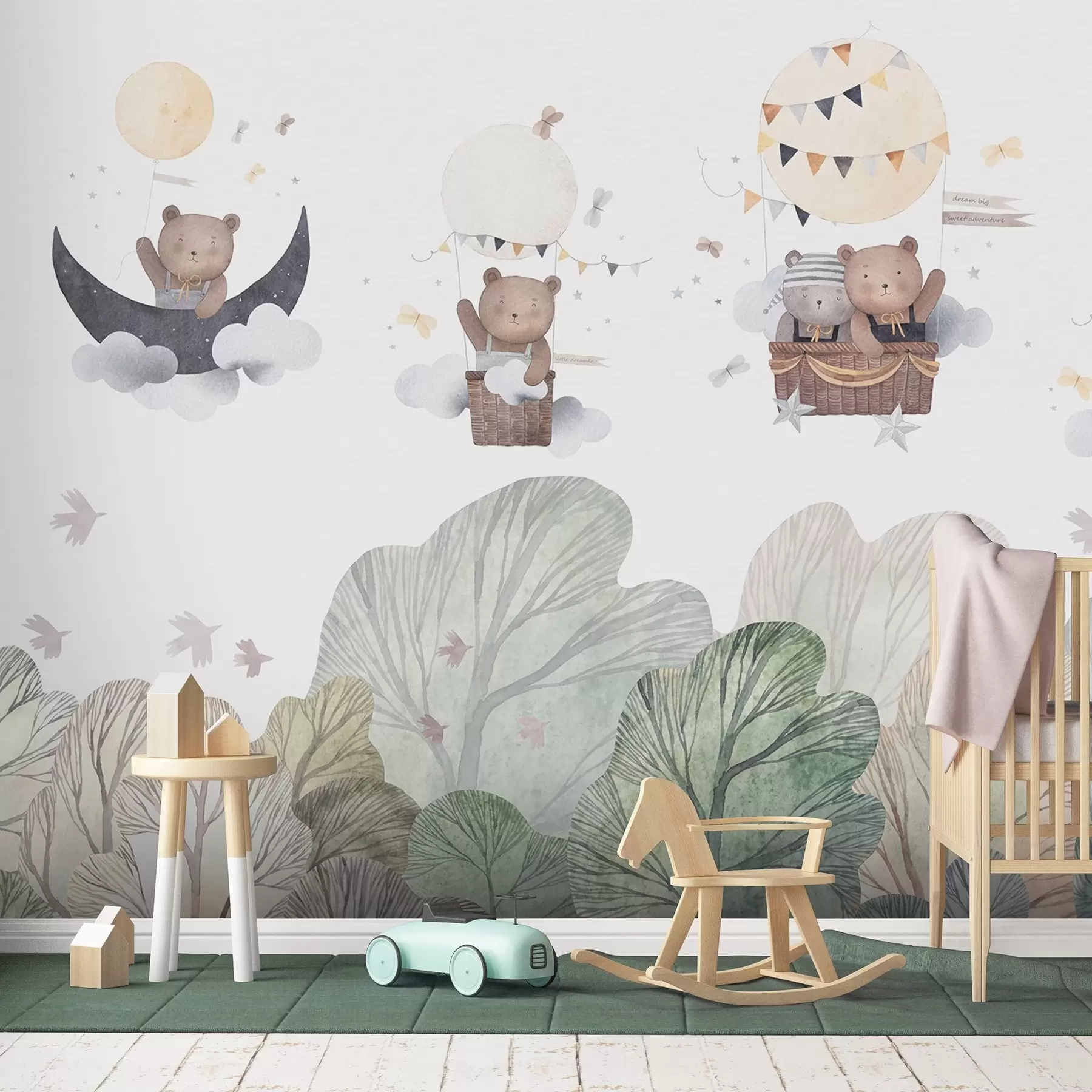 Fototapeedid Akvarellstiilis õhupallid karudega metsa kohal w09437