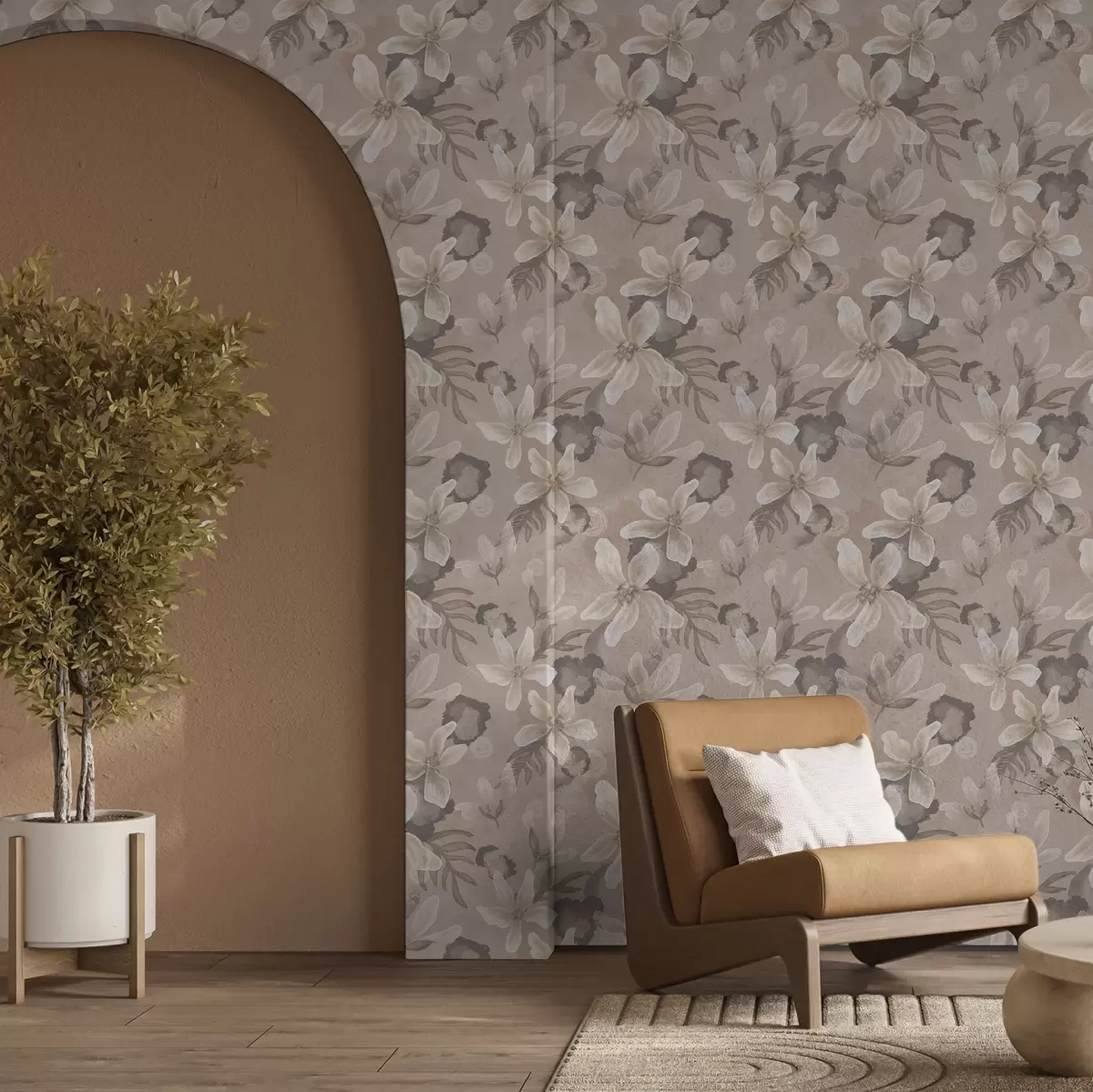 Tapeet Suured beežid lilled abstraktsete akvarellilaikudega a00635