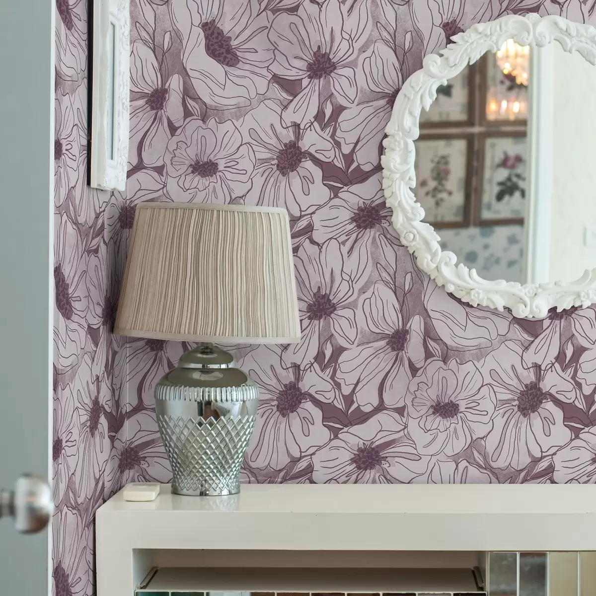 Tapeet Lineaarse kujuga lilled jahedas lilla-roosa värvipalettis a00636v1