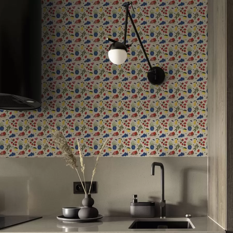 Fototapeedid Ere mustriga puuviljad, oksad ja vaasid a00637