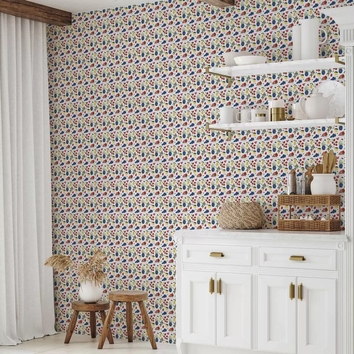 Tapeet Ere puuvilja-botaaniline muster valgel taustal a00637v1