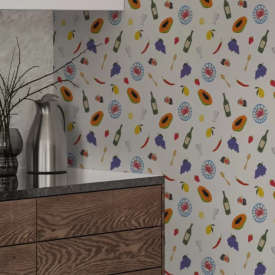 Fototapeedid Kerge taustal paigutatud puuviljad, vein ja vürtsid a00639