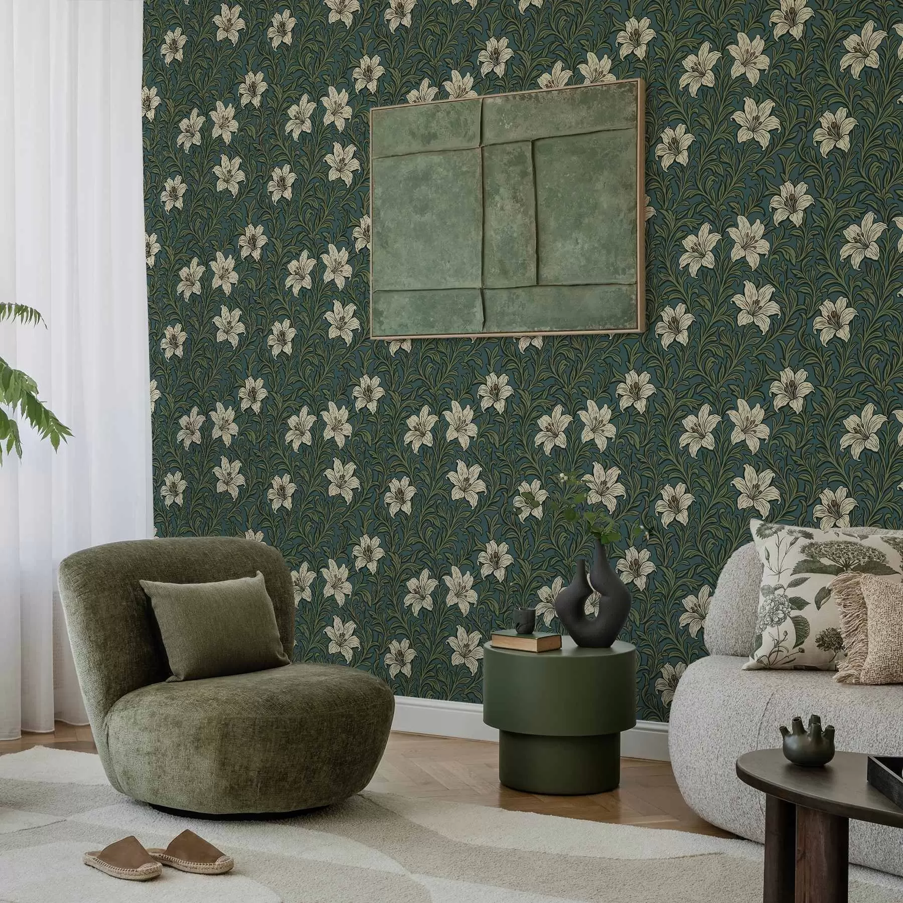 Fototapeedid Kreemikad liiliad tiheda roheluse keskel türkiissinisel taustal a00645