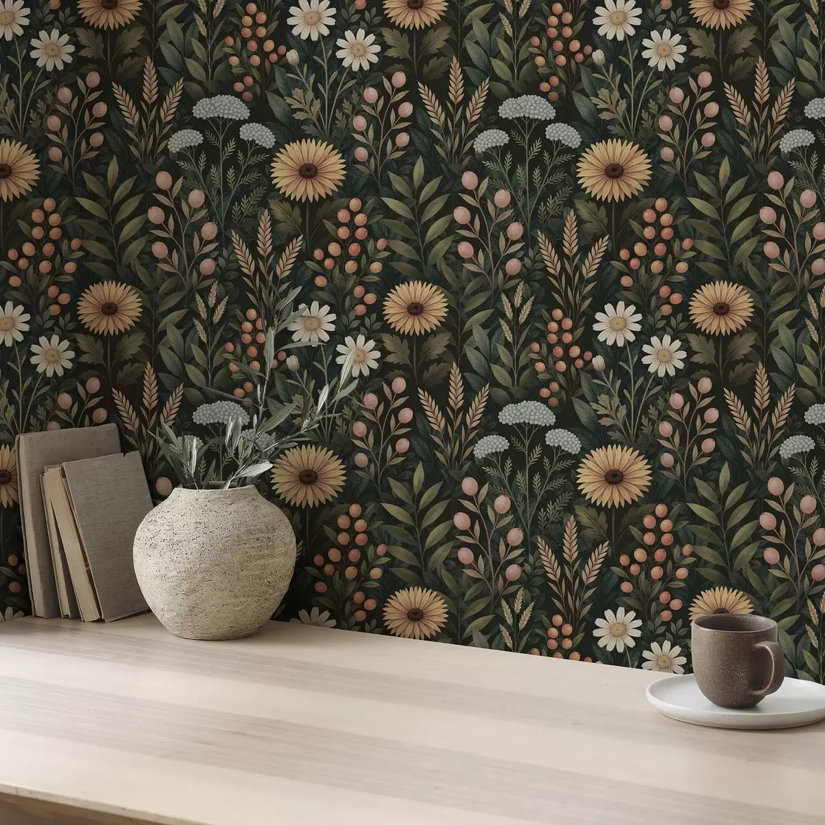 Tapeet Looduslikud lilled ja marjad tumedal taustal, looduslik ornament a00707