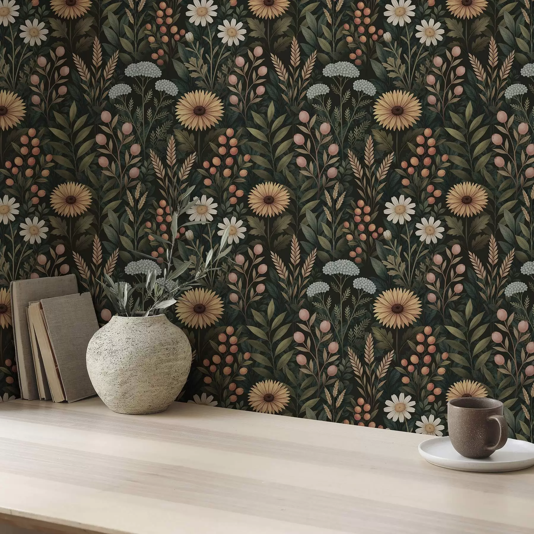 Fototapeedid Looduslikud lilled ja marjad tumedal taustal, looduslik ornament a00707