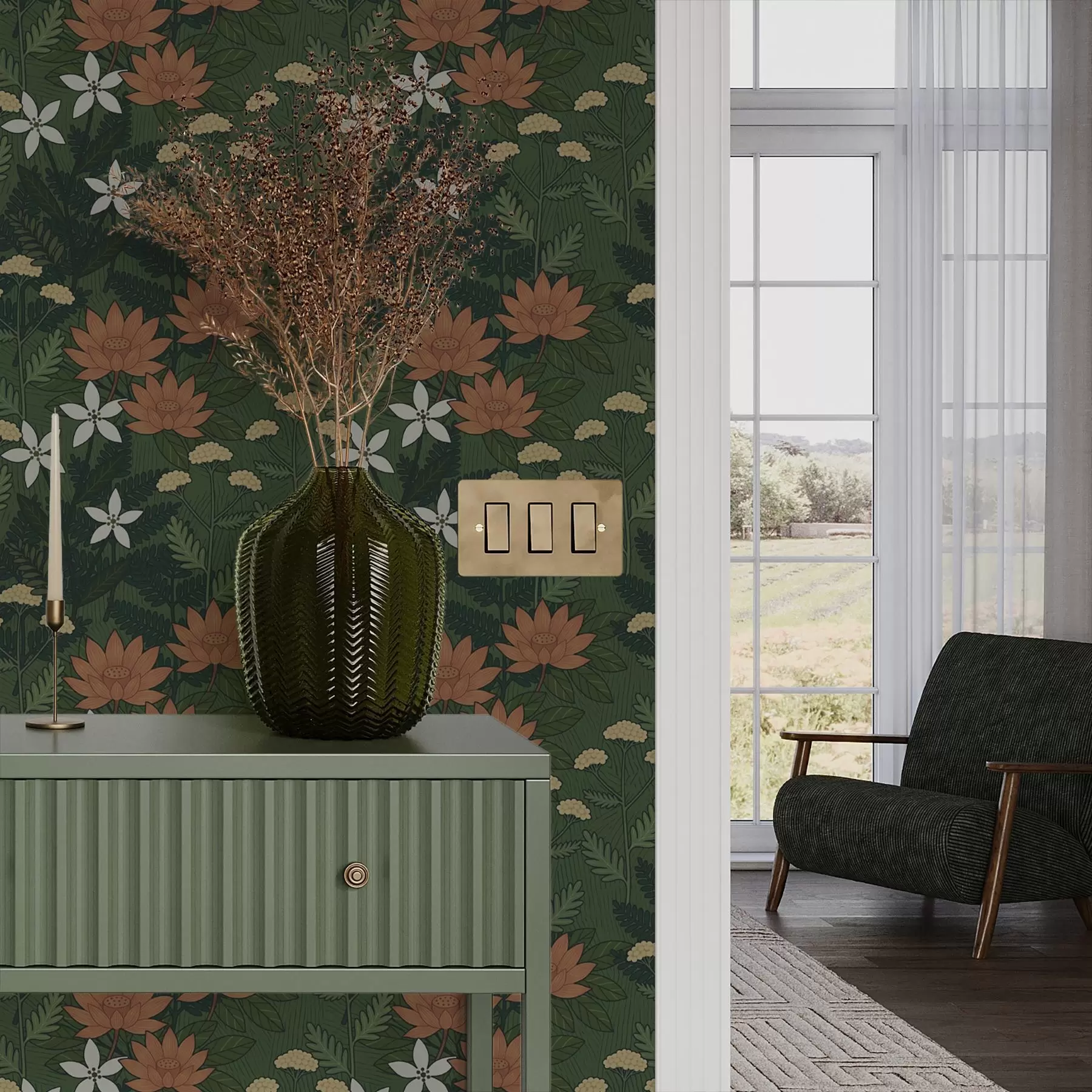 Fototapeedid Suured lilled rohelise lehekuu keskel, dekoratiivne kompositsioon a00708