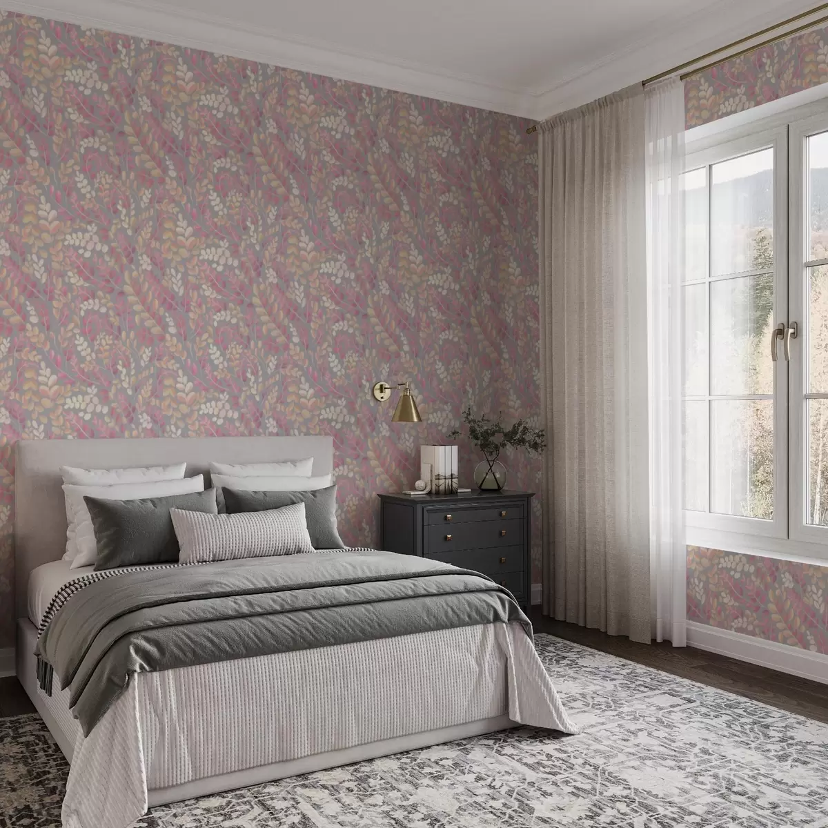 Tapeet Pastelltoonides oksad roosa-virsiku lehtedega hallil taustal a00799v1