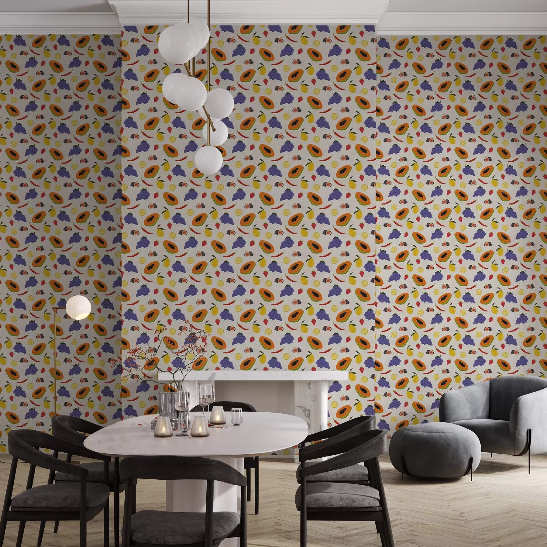 Fototapeedid Papaya, viinamarjad ja sidrunid — värvikas puuviljasegu a00803