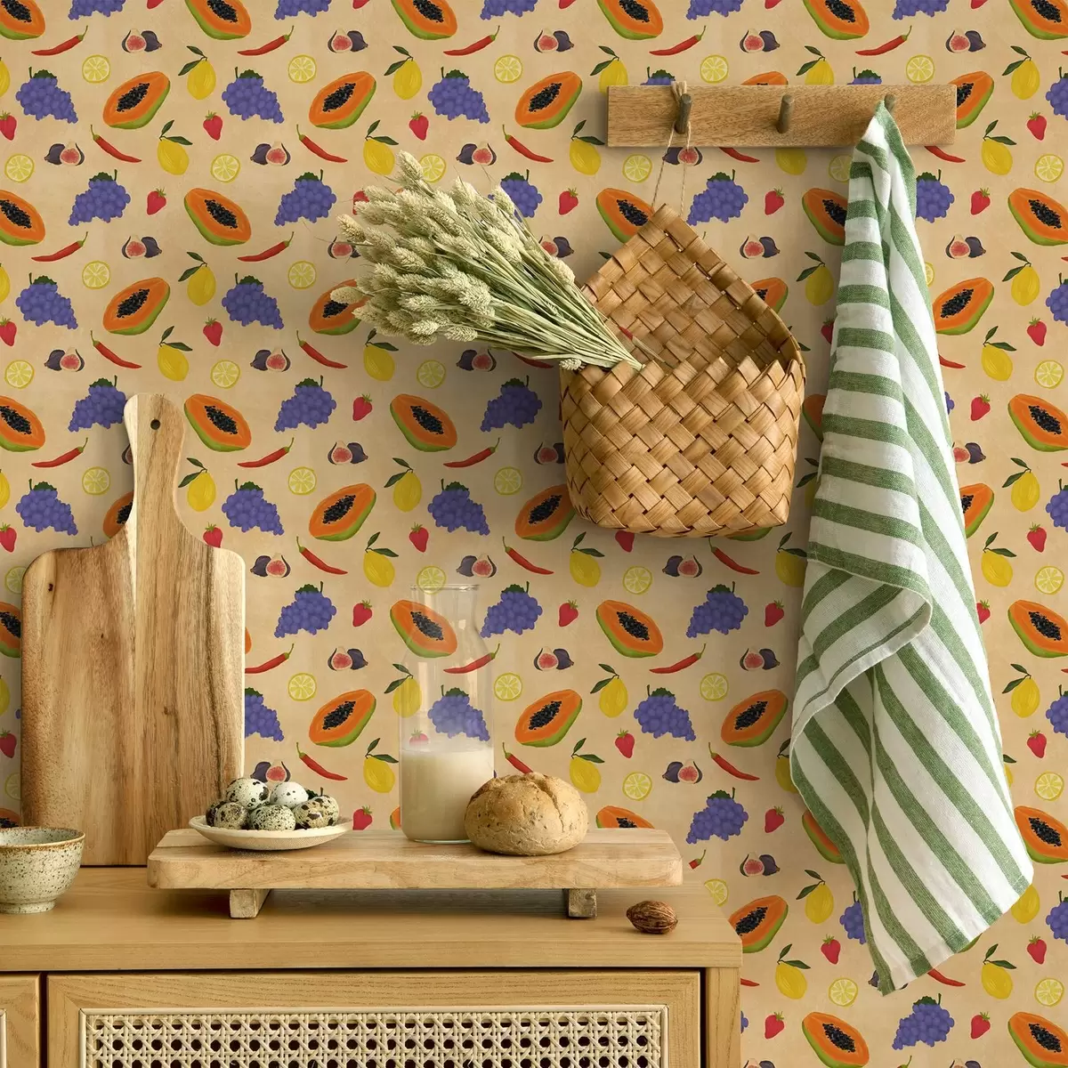 Tapeet Papaya, tsitrusviljad ja marjad rikkalikul soojal taustal a00803v1