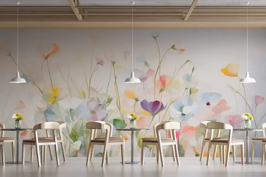 Fototapeedid Abstraktne värvikate lillede väli pikkade varte ja roheliste lehtedega, tekstuuriga, pastelltoonides, heledates värvides w09466