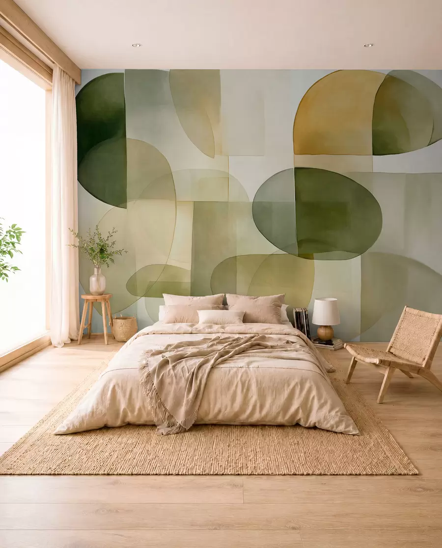 Fototapeedid Abstraktsed tekstuuriga kujundid rohelistes ja kollastes toonides, vaoshoitud toonid, minimalistlik kompositsioon, neutraalne taust w09467
