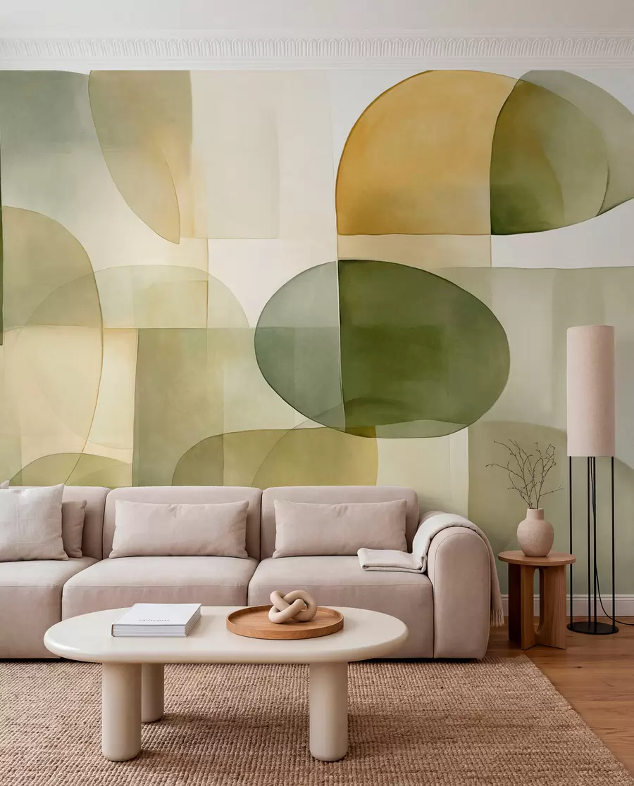 Fototapeedid Abstraktsed tekstuuriga kujundid rohelistes ja kollastes toonides, vaoshoitud toonid, minimalistlik kompositsioon, neutraalne taust w09467