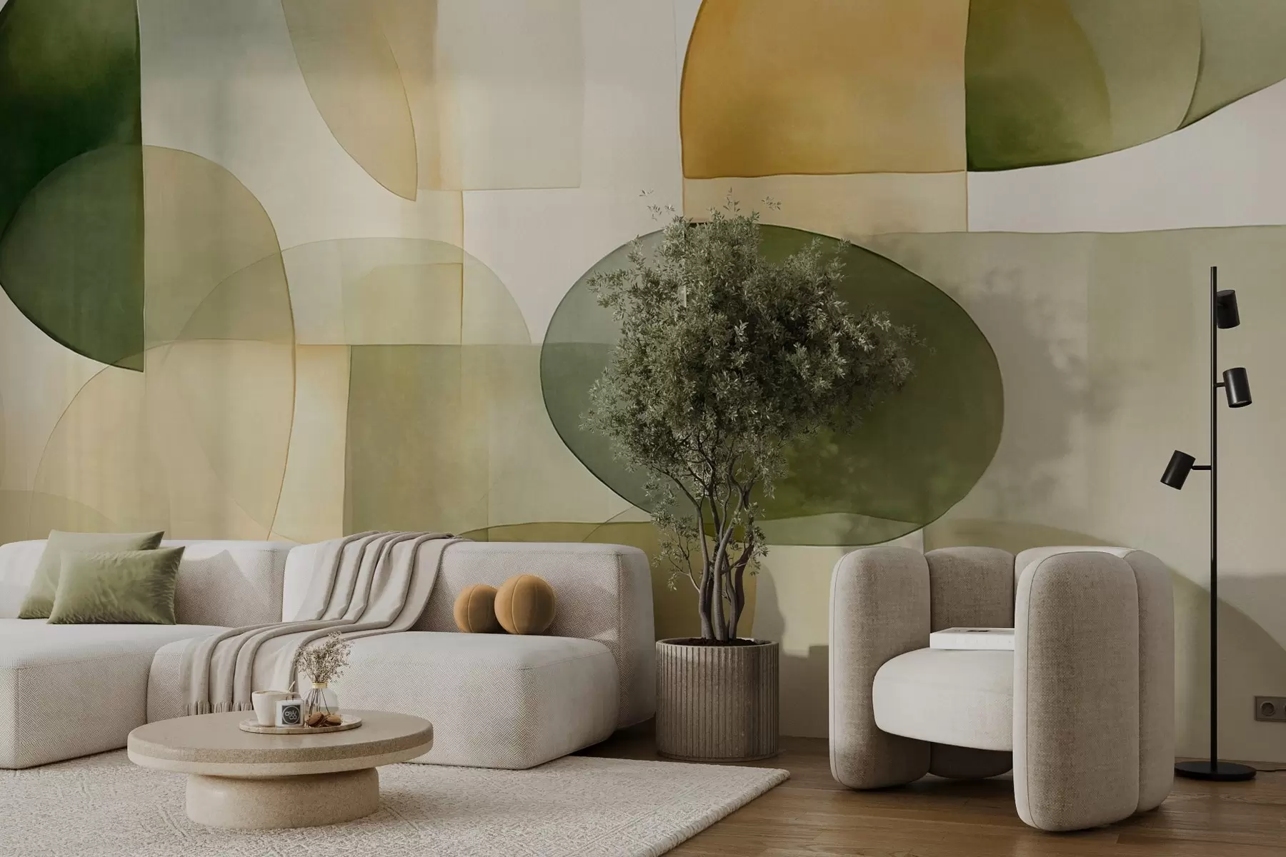 Fototapeedid Abstraktsed tekstuuriga kujundid rohelistes ja kollastes toonides, vaoshoitud toonid, minimalistlik kompositsioon, neutraalne taust w09467
