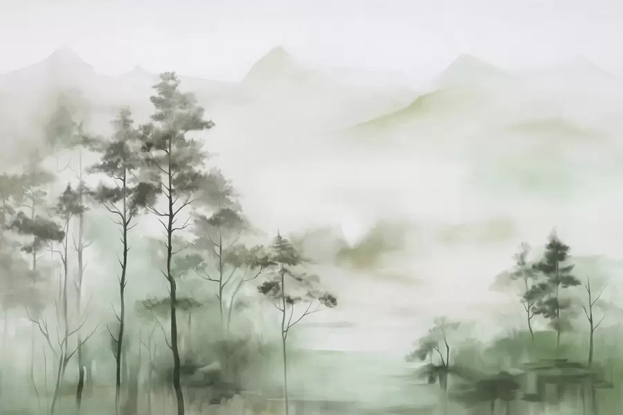 Fototapeedid Uduvihmane maastik kõrgetega puude ja mägede vaiksete roheliste ja hallide toonidega, minimalistlik stiil, tekstuuriga w09469