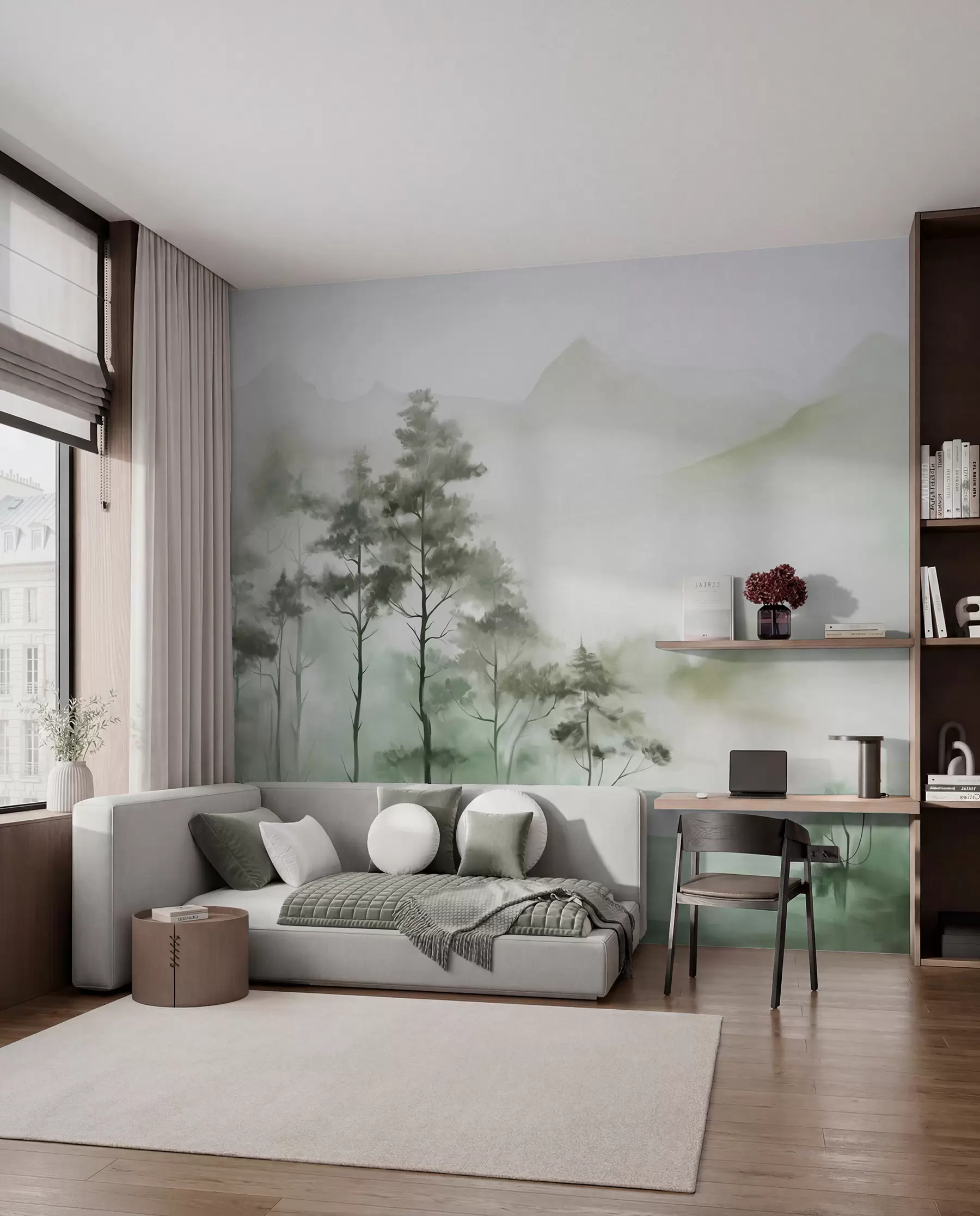 Fototapeedid Uduvihmane maastik kõrgetega puude ja mägede vaiksete roheliste ja hallide toonidega, minimalistlik stiil, tekstuuriga w09469