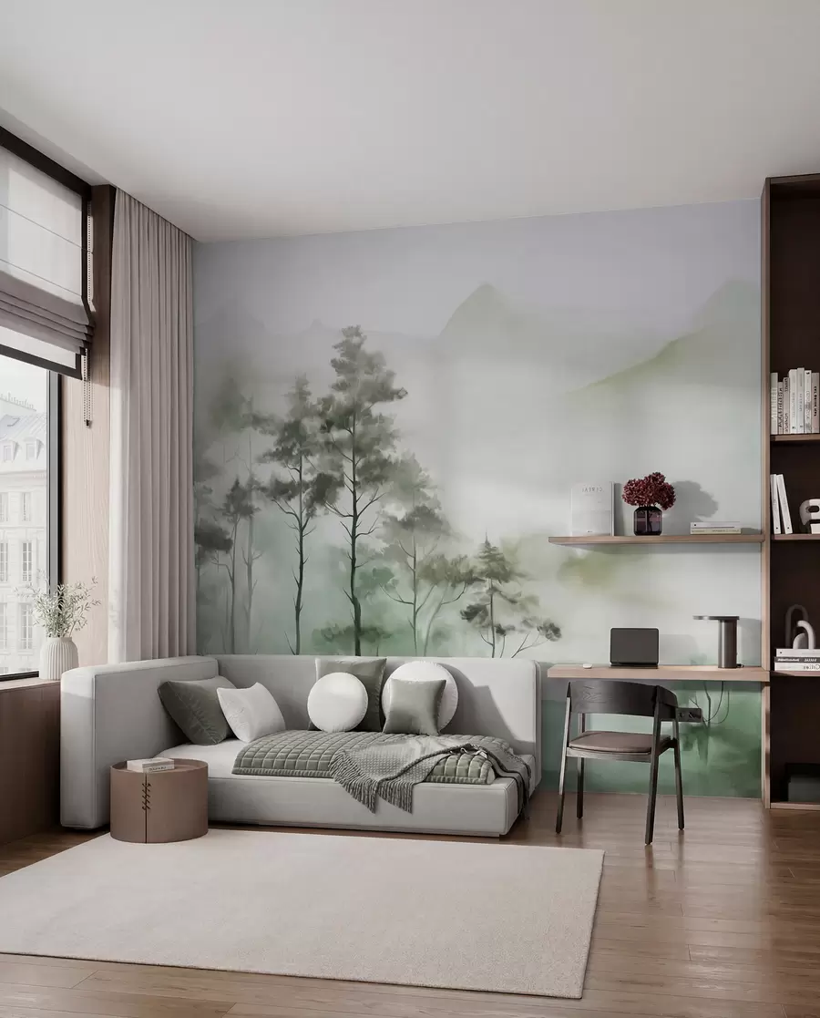 Fototapeedid Uduvihmane maastik kõrgetega puude ja mägede vaiksete roheliste ja hallide toonidega, minimalistlik stiil, tekstuuriga w09469