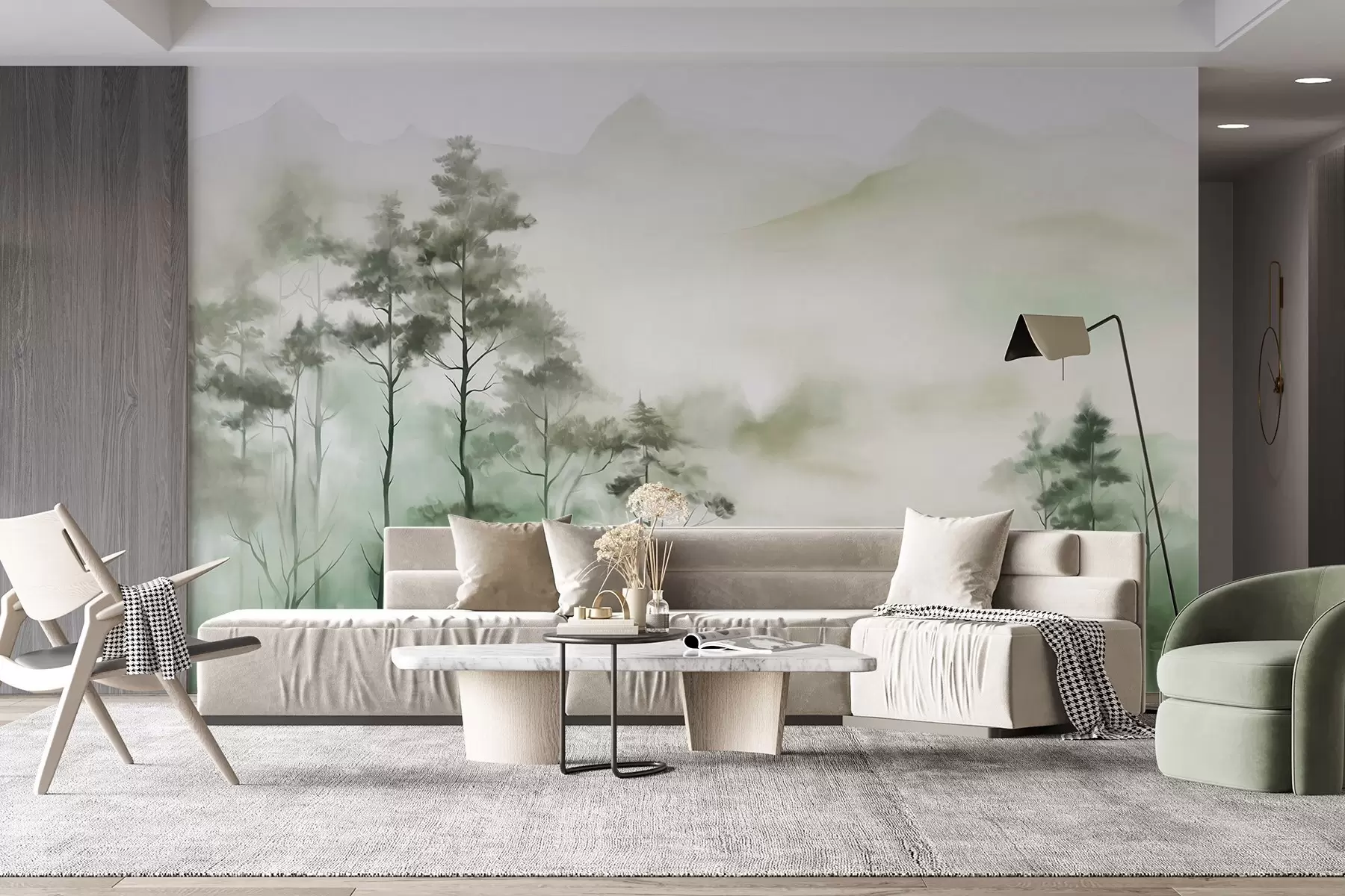 Fototapeedid Uduvihmane maastik kõrgetega puude ja mägede vaiksete roheliste ja hallide toonidega, minimalistlik stiil, tekstuuriga w09469