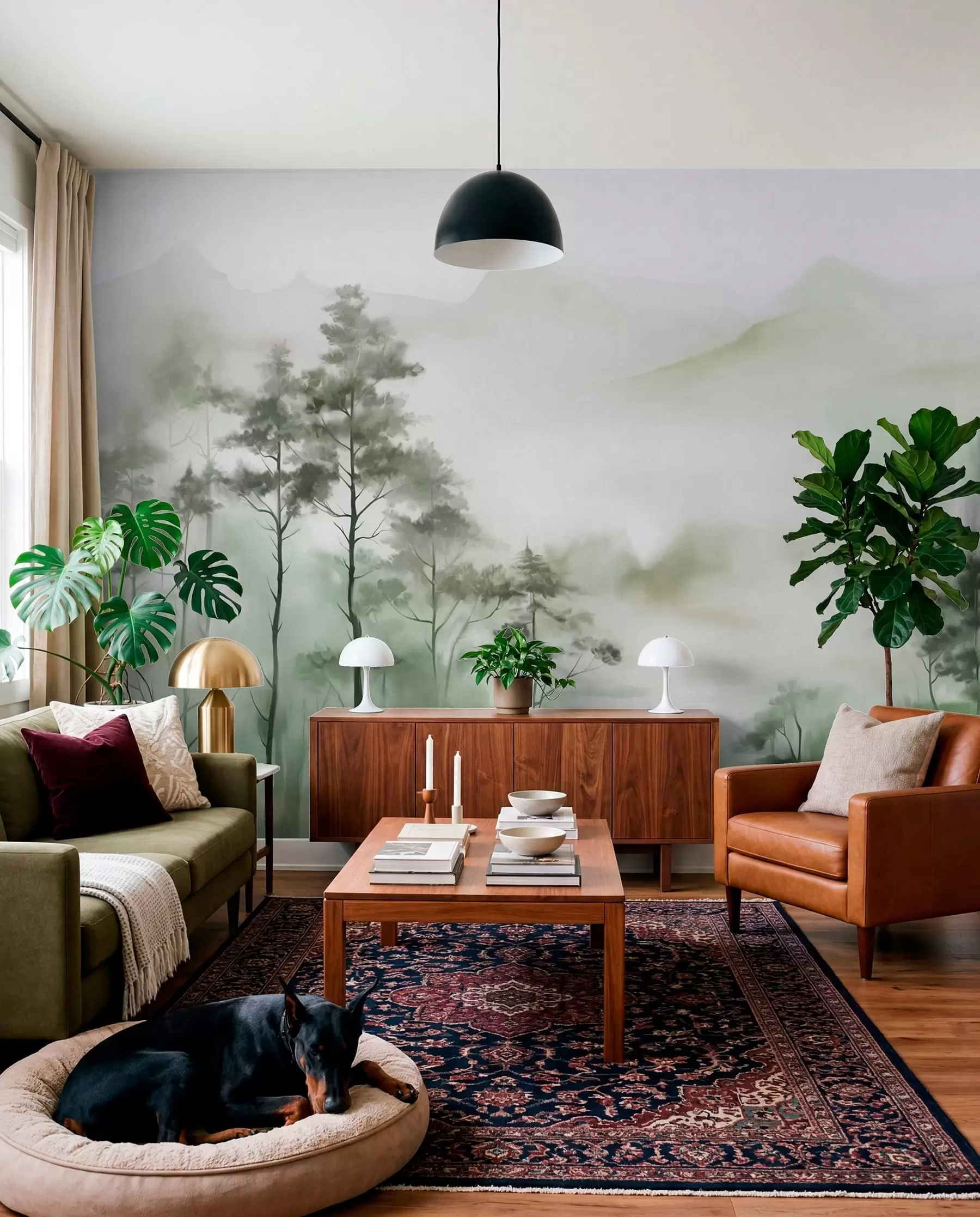 Fototapeedid Uduvihmane maastik kõrgetega puude ja mägede vaiksete roheliste ja hallide toonidega, minimalistlik stiil, tekstuuriga w09469