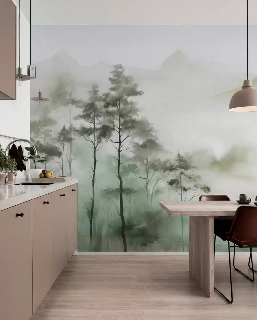 Fototapeedid Uduvihmane maastik kõrgetega puude ja mägede vaiksete roheliste ja hallide toonidega, minimalistlik stiil, tekstuuriga w09469
