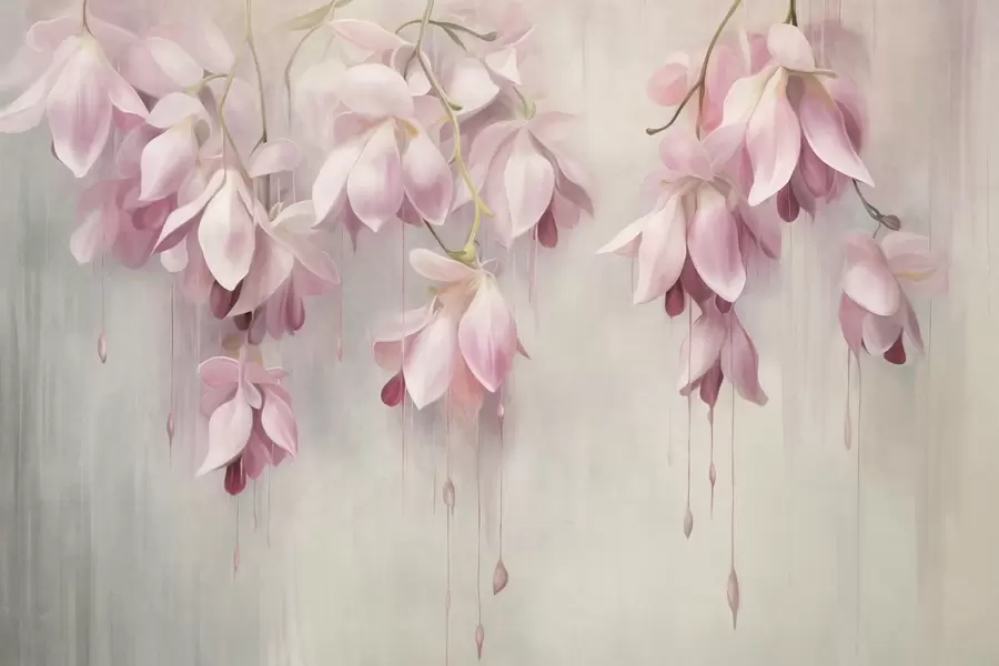 Fototapeedid Rippuvad roosad lilled, helehall taust, lilleline tekstuuriga kompositsioon, botaaniline kunst, pastellvärvid w09471