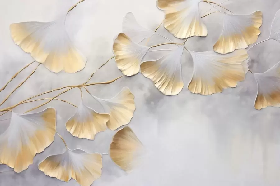 Fototapeedid Ginkgo biloba lehed kollaste servadega oksal, hall tekstuuriga taust, elegantne ja minimalistlik disain w09472