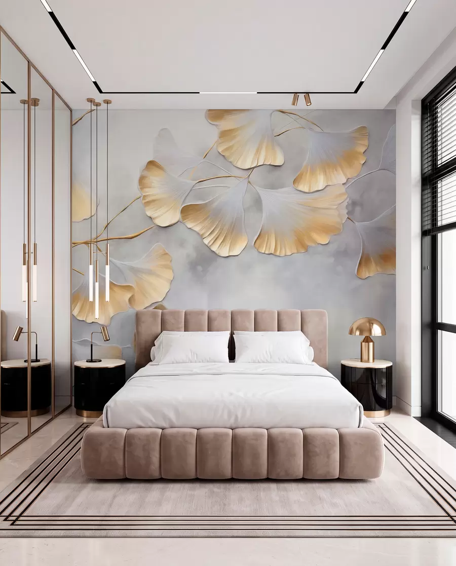 Fototapeedid Ginkgo biloba lehed kollaste servadega oksal, hall tekstuuriga taust, elegantne ja minimalistlik disain w09472