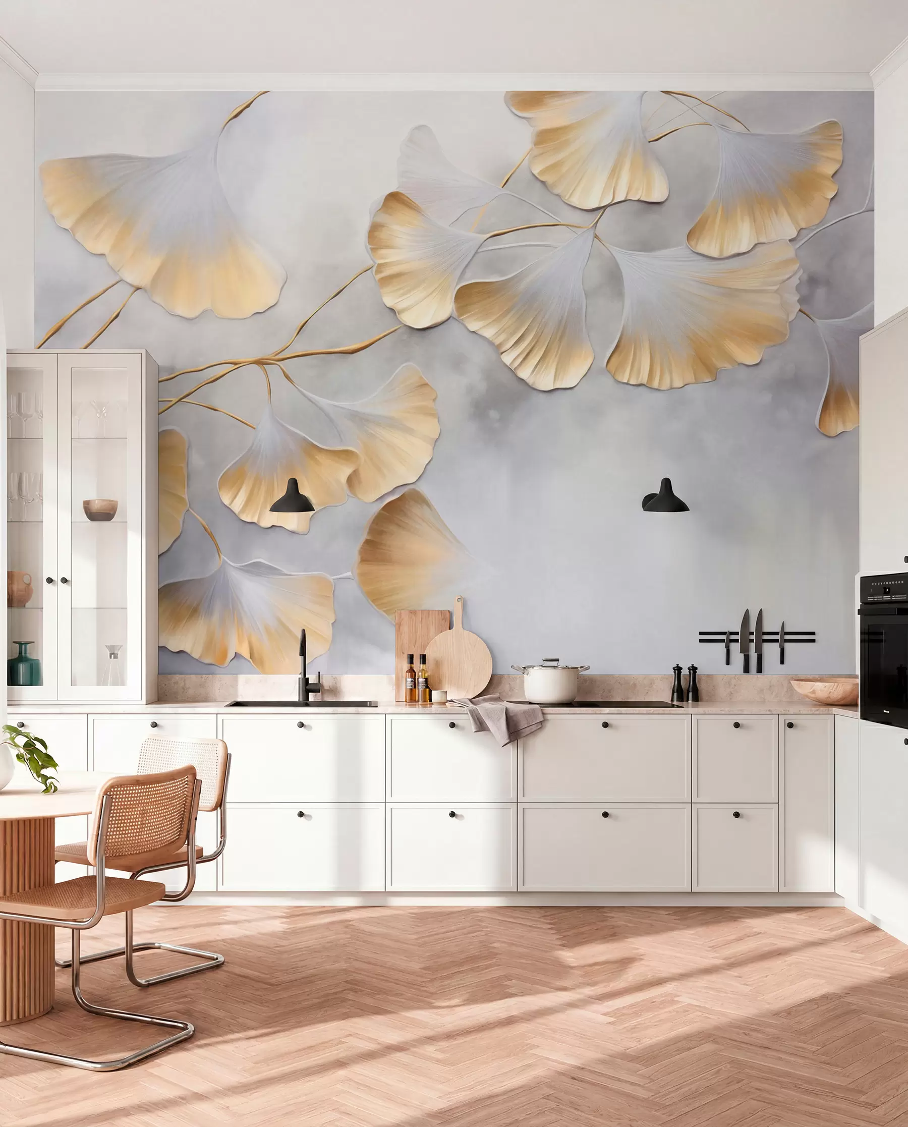 Fototapeedid Ginkgo biloba lehed kollaste servadega oksal, hall tekstuuriga taust, elegantne ja minimalistlik disain w09472
