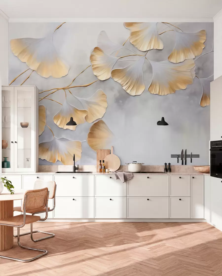 Fototapeedid Ginkgo biloba lehed kollaste servadega oksal, hall tekstuuriga taust, elegantne ja minimalistlik disain w09472