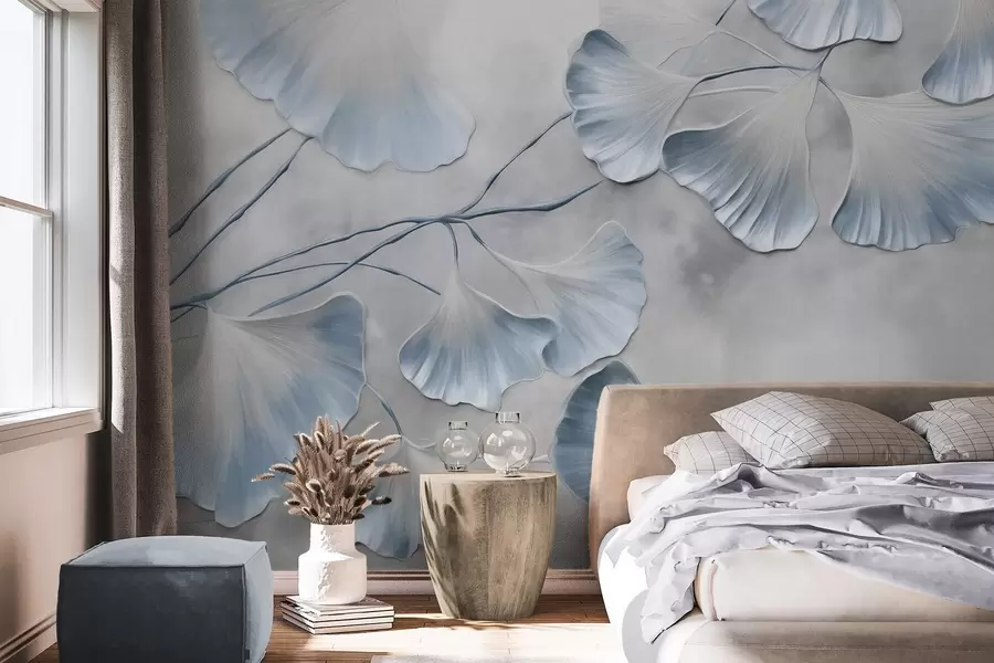 Fototapeedid Ginkgo biloba lehed siniste servadega oksal, hall tekstuuriga taust, elegantne ja minimalistlik disain w09472v1