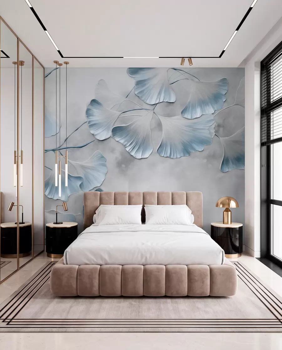 Fototapeedid Ginkgo biloba lehed siniste servadega oksal, hall tekstuuriga taust, elegantne ja minimalistlik disain w09472v1