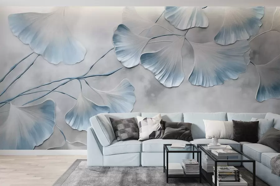 Fototapeedid Ginkgo biloba lehed siniste servadega oksal, hall tekstuuriga taust, elegantne ja minimalistlik disain w09472v1