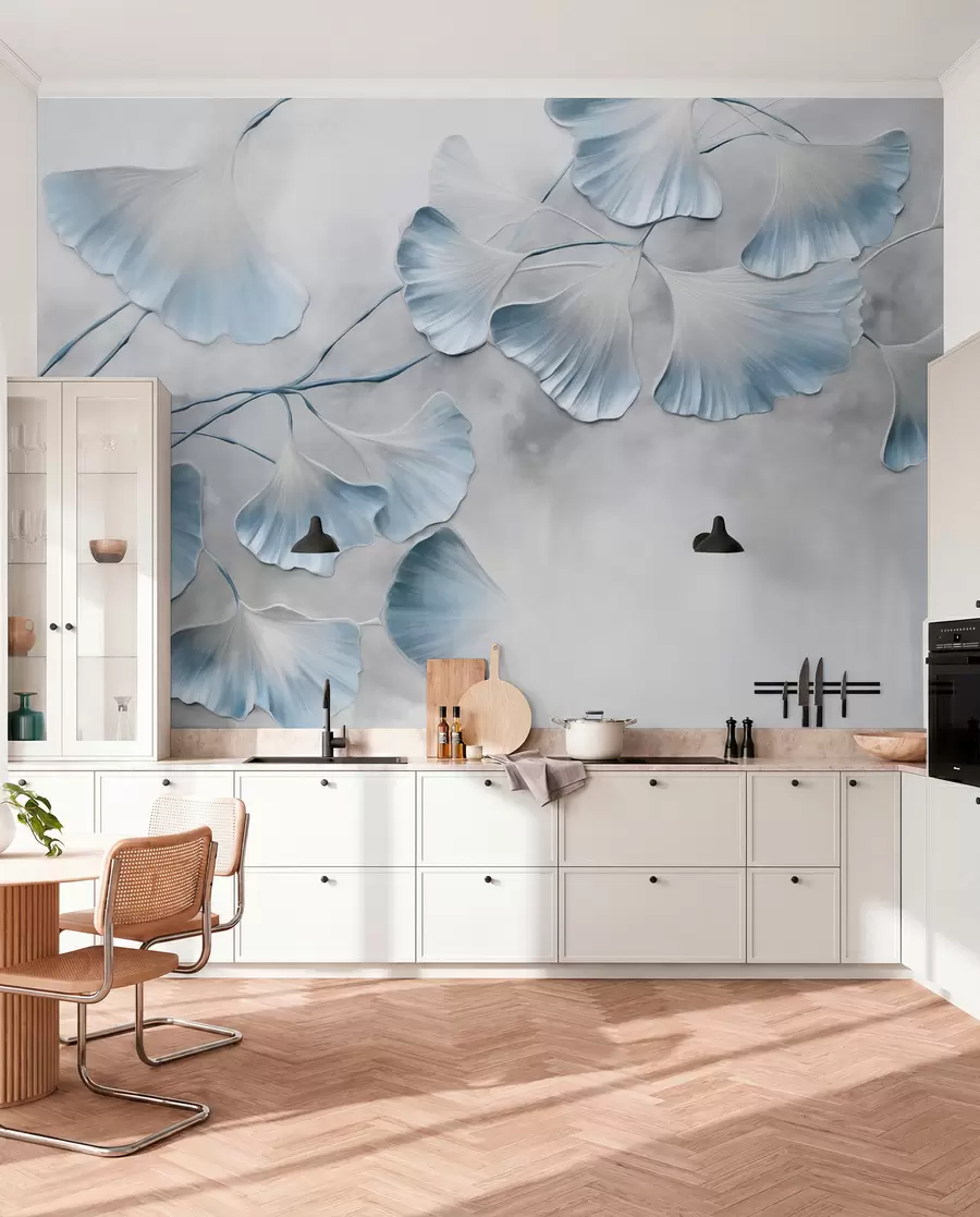 Fototapeedid Ginkgo biloba lehed siniste servadega oksal, hall tekstuuriga taust, elegantne ja minimalistlik disain w09472v1