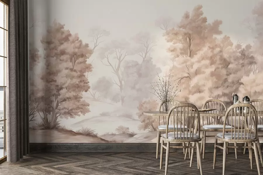 Fototapeedid Tekstuuriga maastikumaal, mis kujutab metsa kõrgetega puude ja rohtudega, vaoshoitud ja pehmed värvid, rahustav stseen w09474