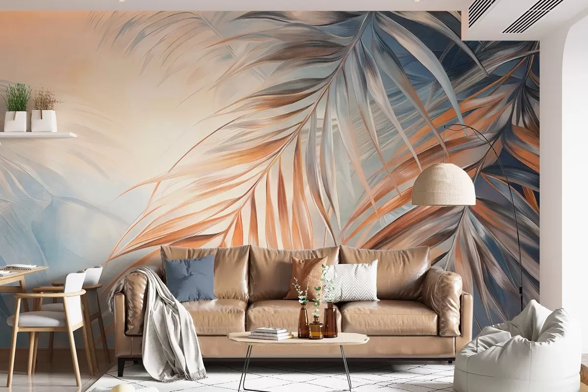 Fototapeedid Oranži ja sinise tooniga palmilehed, heleda tekstuuriga taust pehmetes värvides, elegantne troopiline stiil w09475
