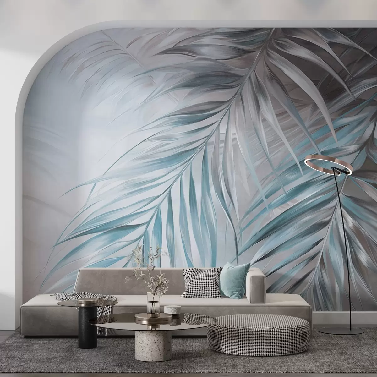 Fototapeedid Hallide ja siniste toonidega palmilehed, heleda tekstuuriga taust pehmetes värvides, elegantne troopiline stiil w09475v1