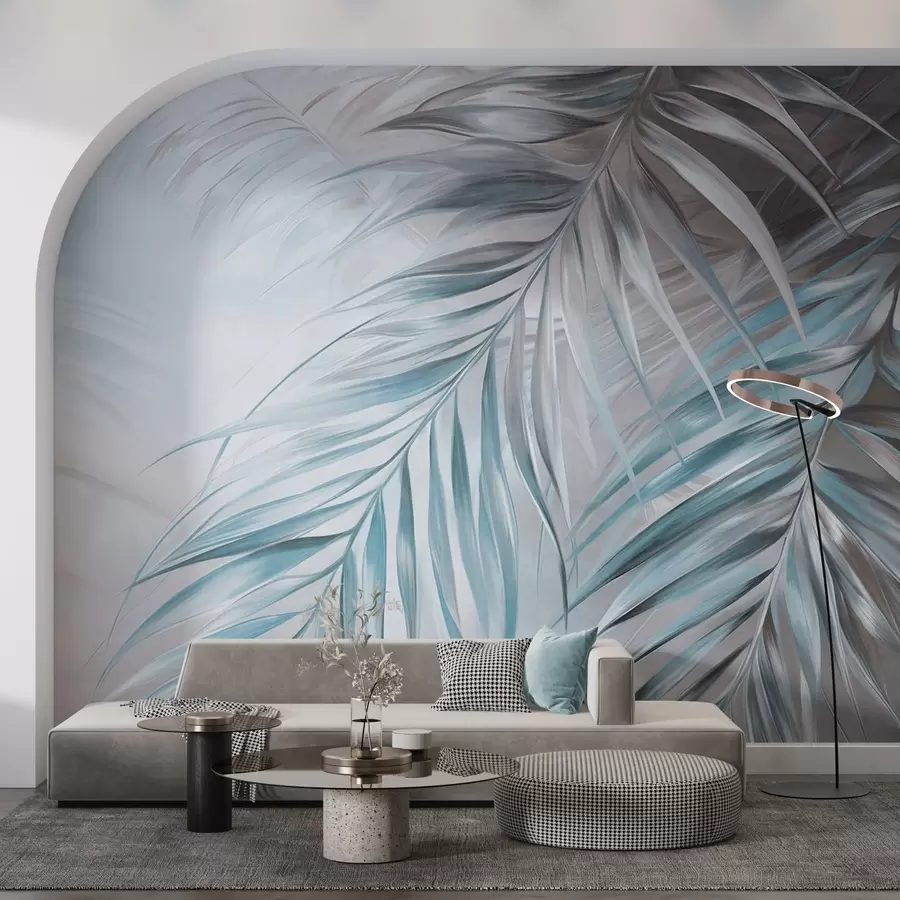 Fototapeedid Hallide ja siniste toonidega palmilehed, heleda tekstuuriga taust pehmetes värvides, elegantne troopiline stiil w09475v1