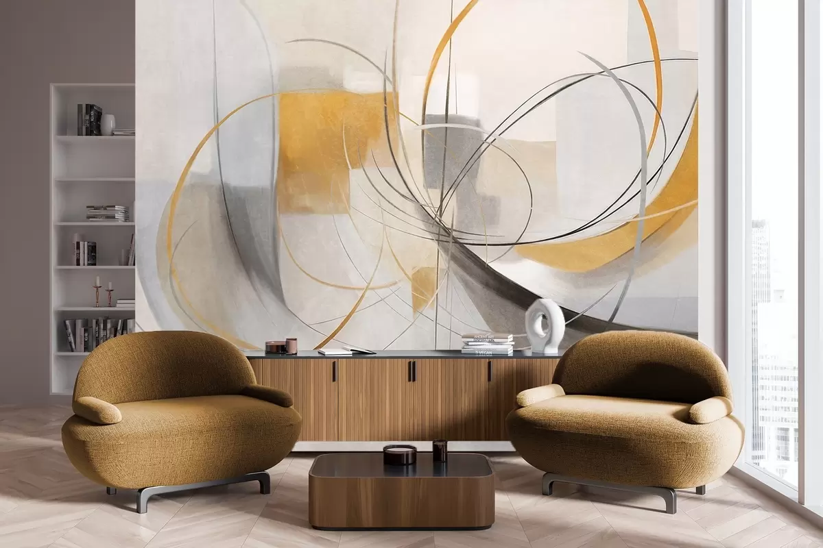 Fototapeedid Abstraktne tekstuuriga kaasaegne maalistiil, millel on kõverad jooned ja geomeetrilised kujundid halli, valge ja oranži toonides w09476