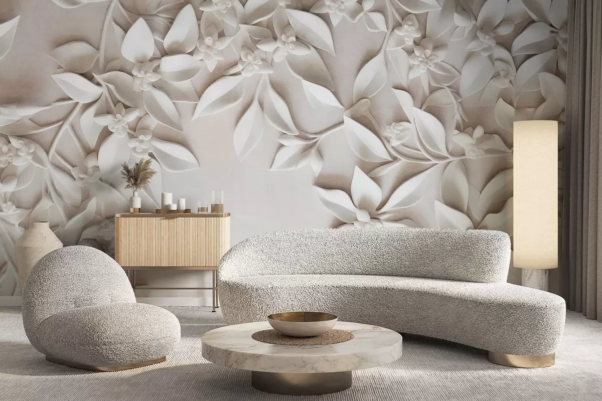 Fototapeedid Valged tekstuuriga lilled ja lehed, lillekompositsioon, elegantne disain, minimalistlik stiil, dekoratiivkunst w09479