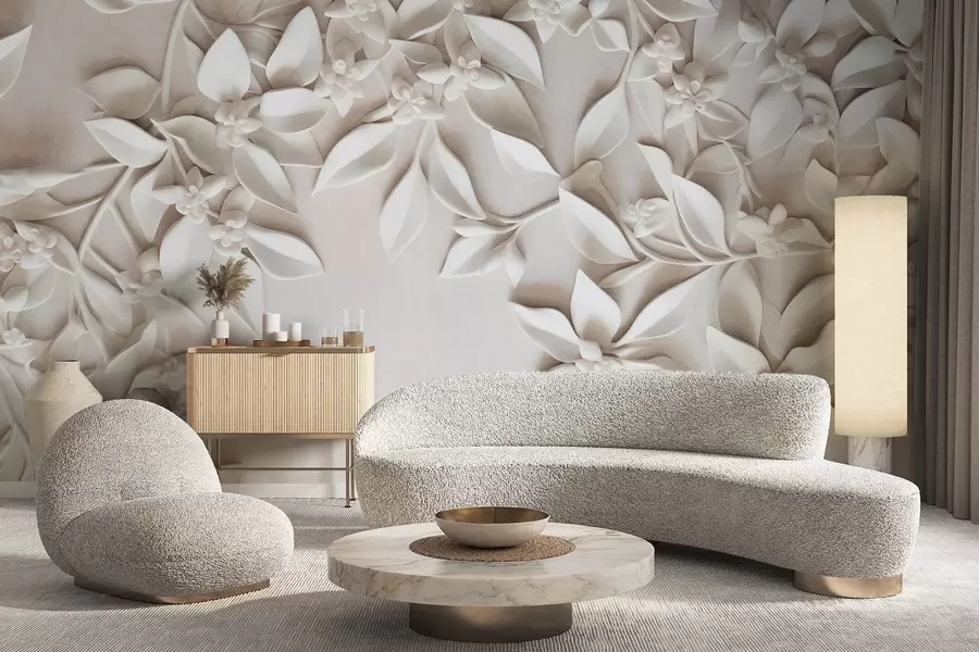 Fototapeedid Valged tekstuuriga lilled ja lehed, lillekompositsioon, elegantne disain, minimalistlik stiil, dekoratiivkunst w09479