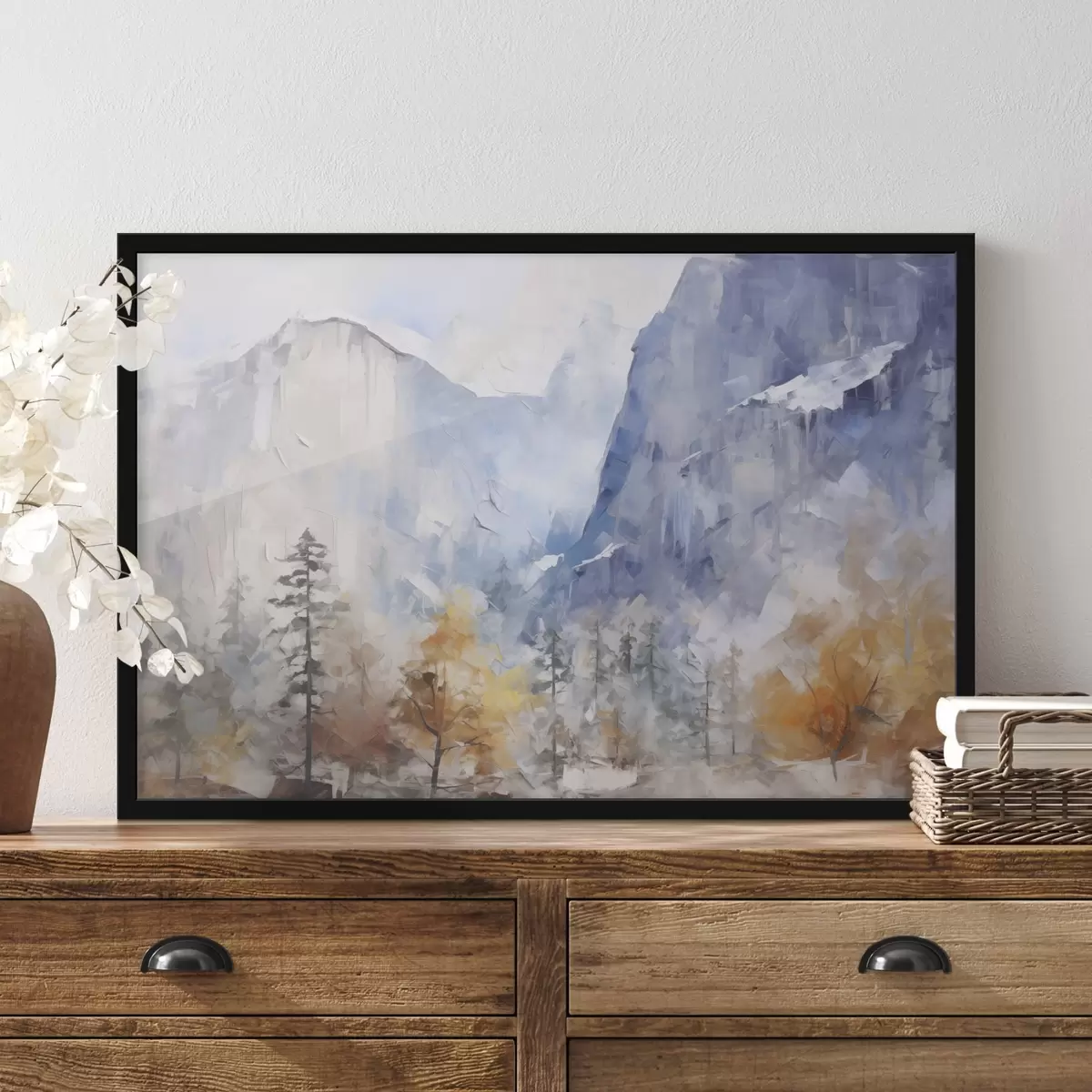 Plakat Mägede ees asuva metsa abstraktne maastik f46298