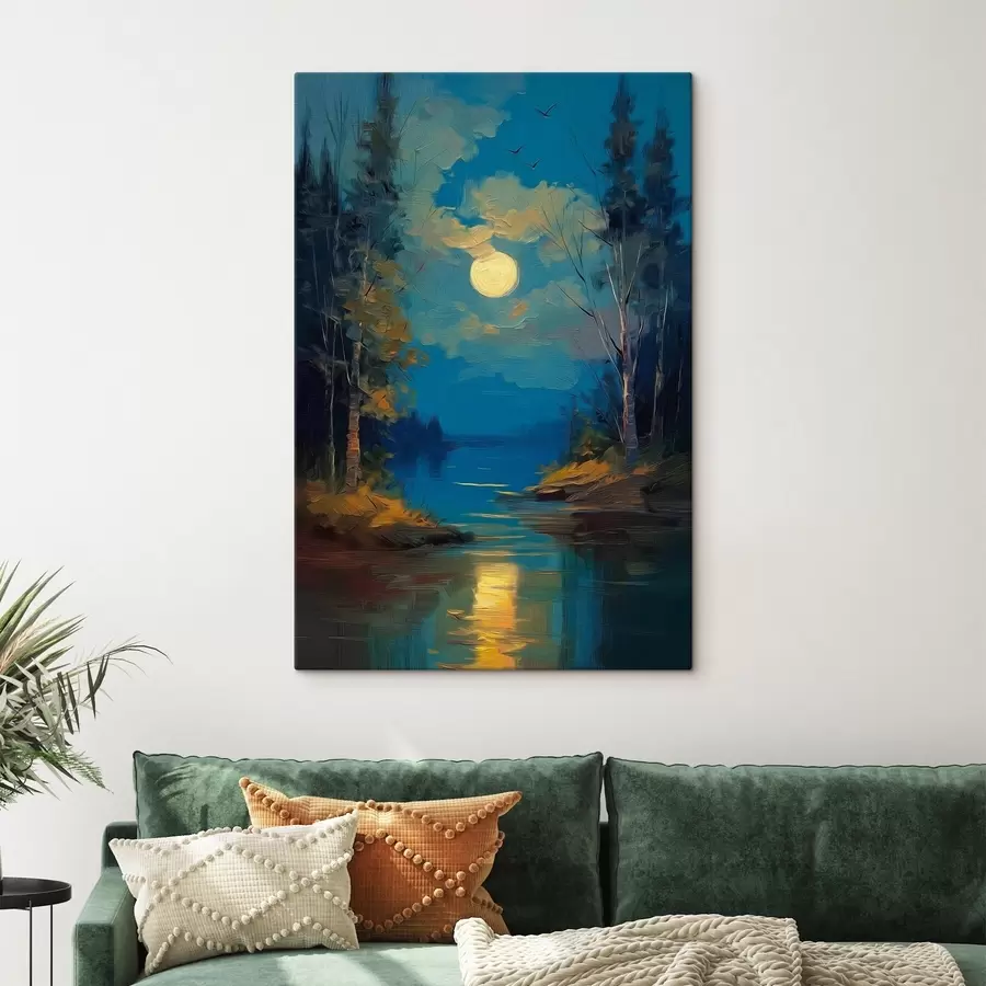 Pilt Kuuvalgus rahuliku jõe kohal mändide vahel s46164