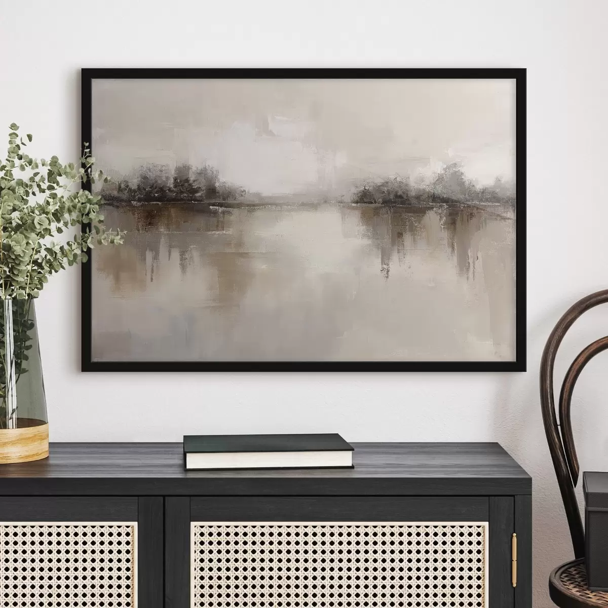 Plakat Pehme maastik järvega soojades beež-hallides toonides f46158